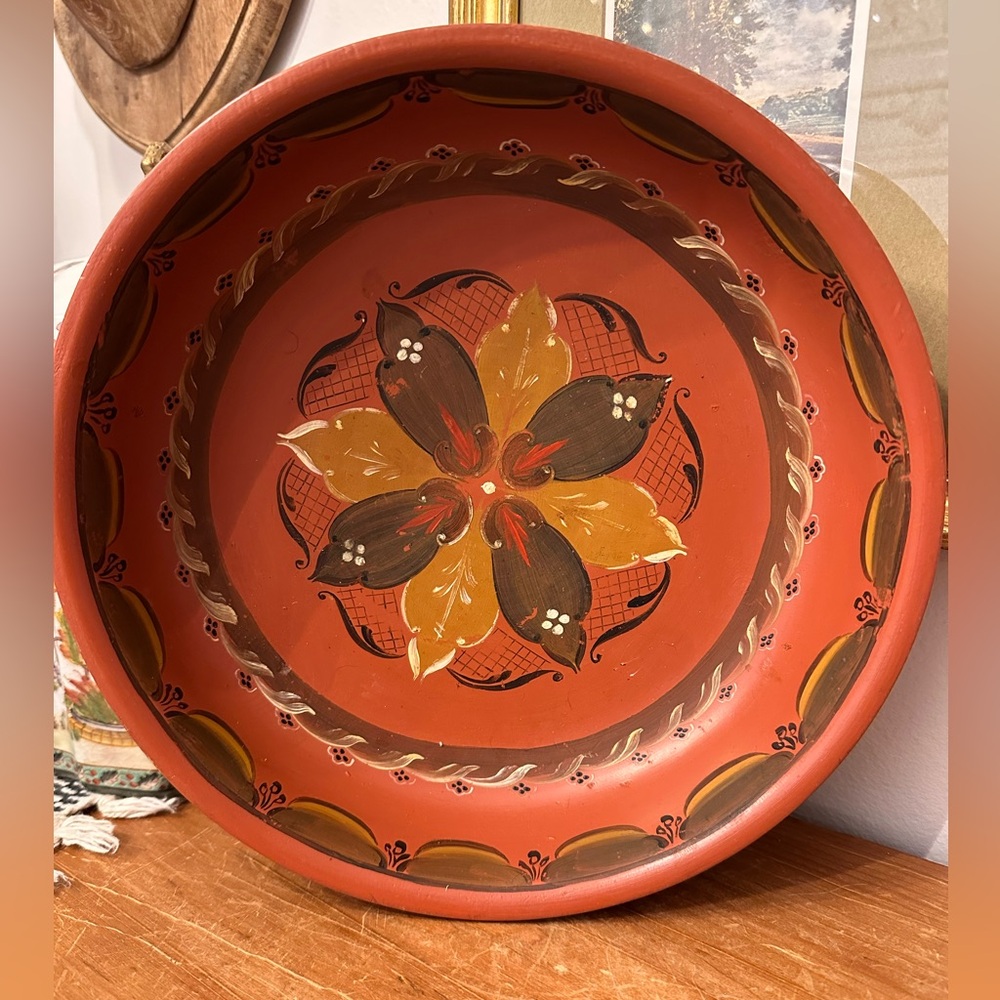 Vintage Hand-Painted Norwegian Rosemaling Decorative Wood Bowl Rustic Colors